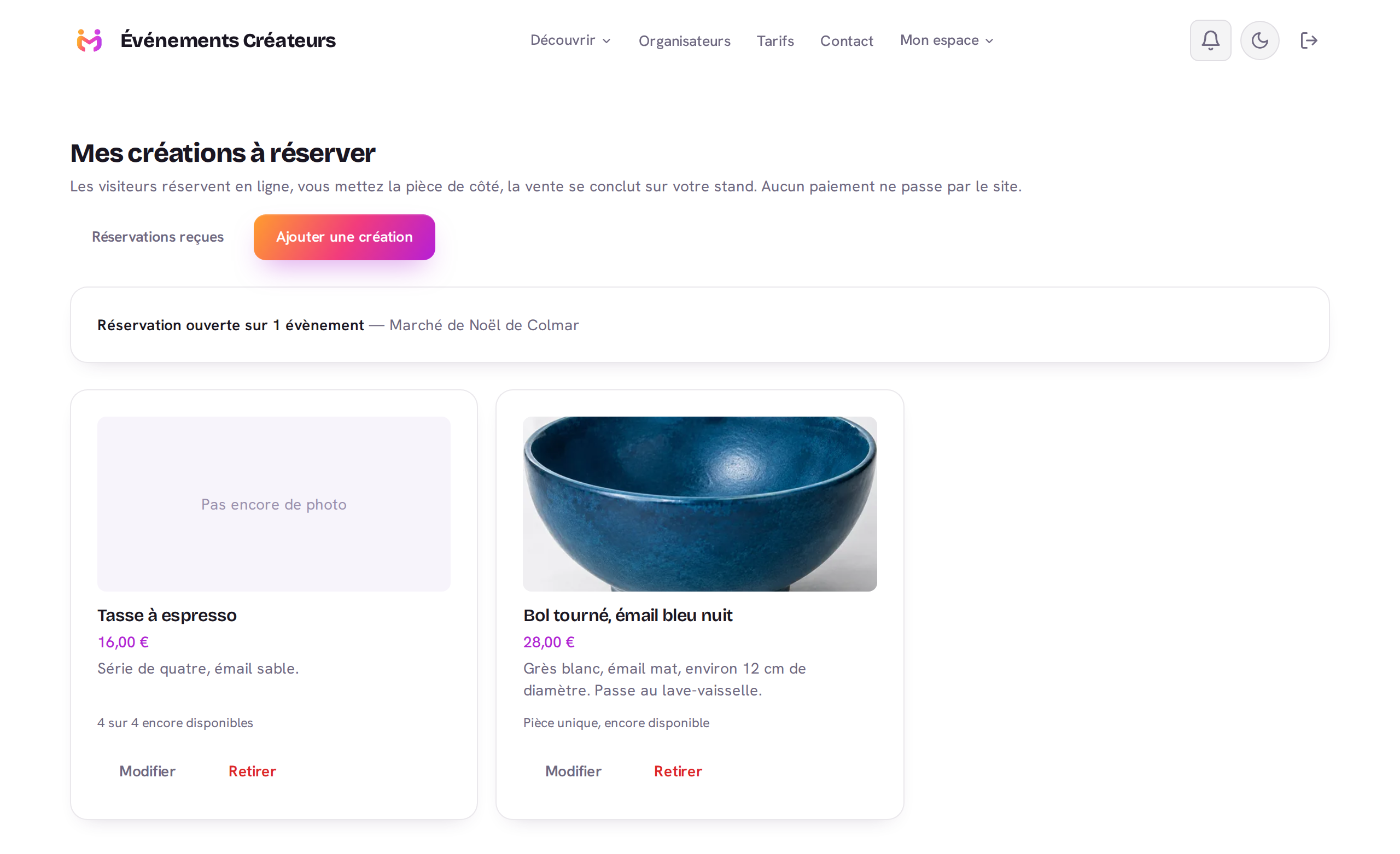 La page Mes créations à réserver, avec deux pièces au catalogue