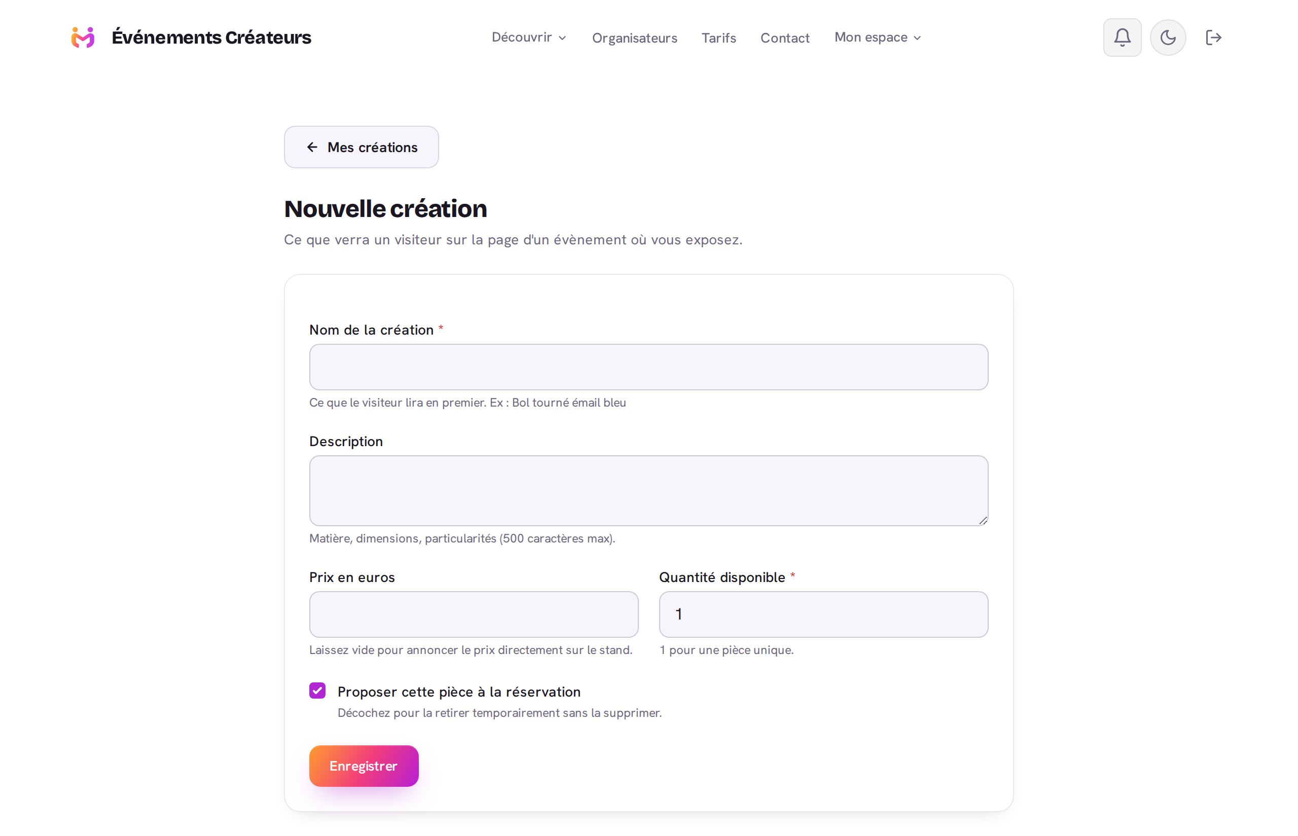 Le formulaire de création d'une pièce : nom, description, prix, quantité