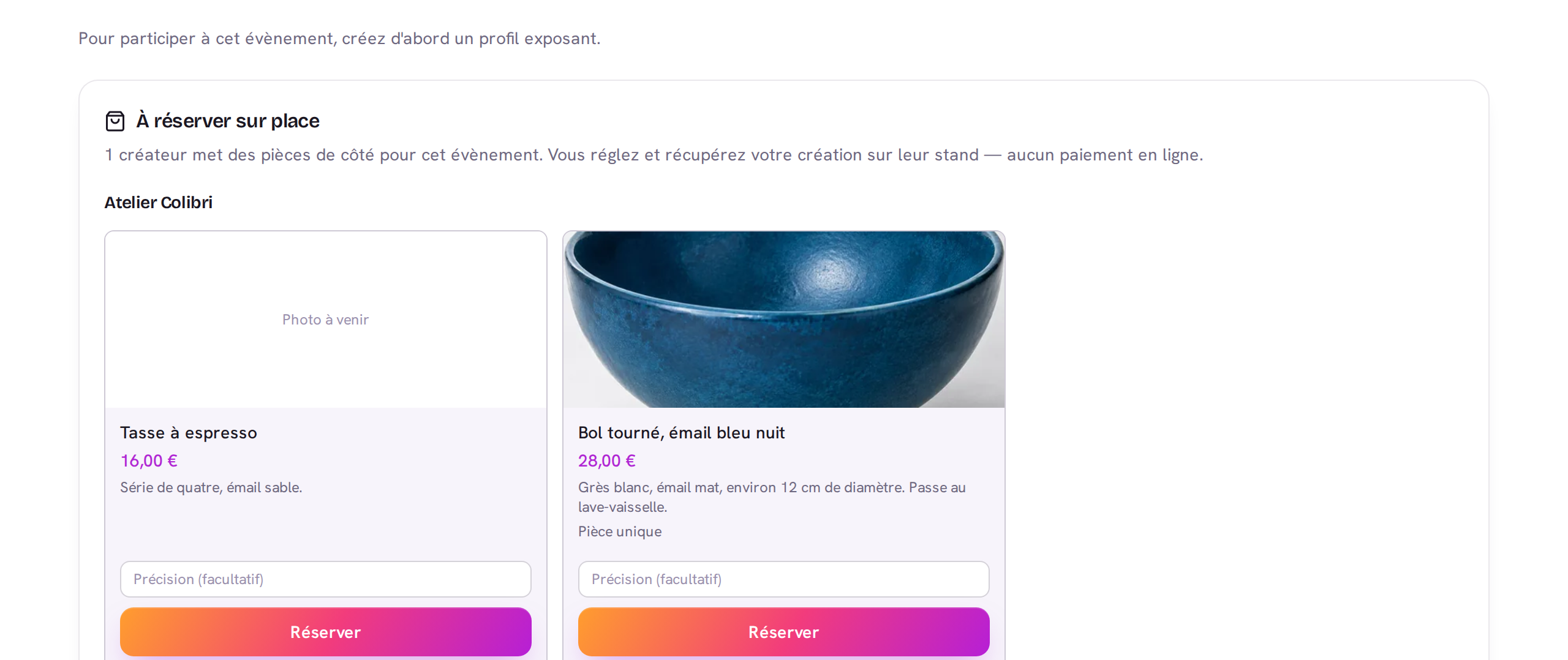 Le bloc « À réserver sur place » sur la page d'un marché, avec deux créations et un bouton Réserver