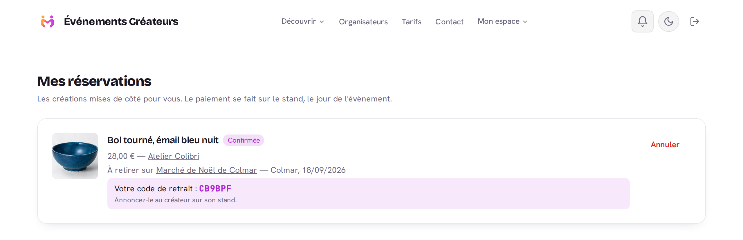 La page Mes réservations affichant une réservation confirmée et son code de retrait